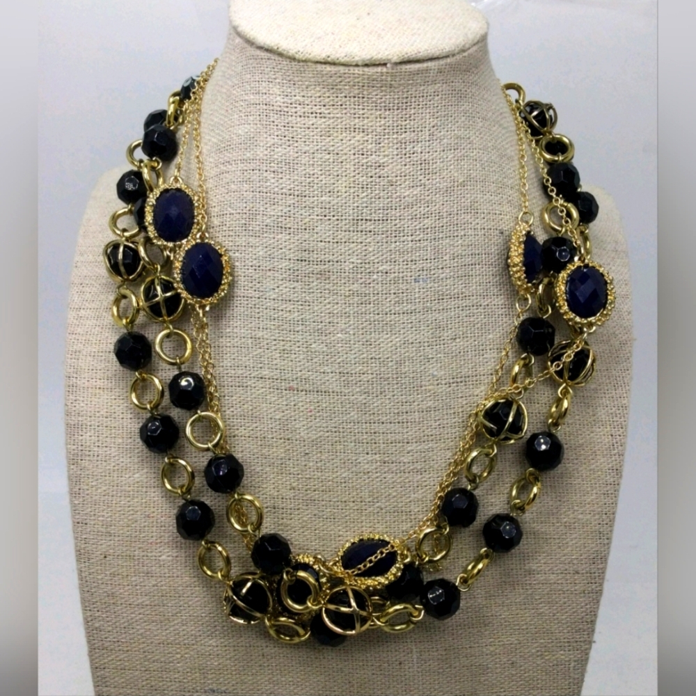 Ann Taylor Lot of 2 Black & Blue Rhinestone Necklaces